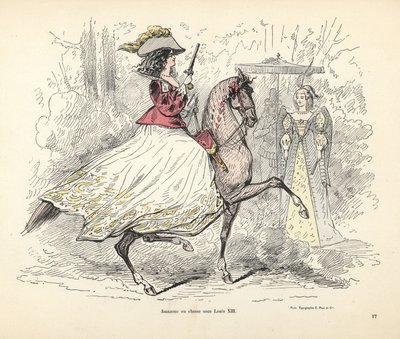 Traje de caza para mujer, época del rey Luis XIII de Francia de Alfred Grevin