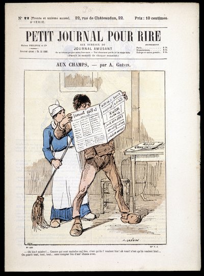 Hombre leyendo un periódico: “aux Champs” por A. Grévin - en “Le Petit Journal pour rire” n° 22, s.f. de Alfred Grevin