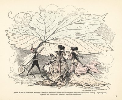 Hombre tirando una enorme hoja de parra frente a tres mujeres en vol. de Alfred Grevin