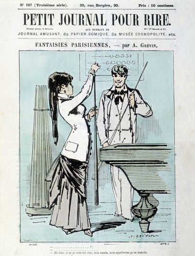 Fantasías parisinas por A. Grévin: Bueno, si no te importa, primo, lo llamaremos una manga. Jugador de billar - portada del “Pequeño Diario para Reír” de diciembre de 1903 de Alfred Grevin