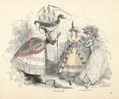 Mujer con un acorazado en su tocado de puf, época del rey Luis XIV de Alfred Grevin