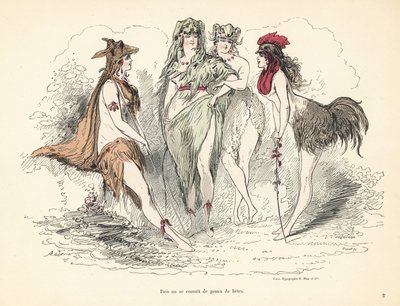 Mujer vistiendo trajes de pieles de animales, cabezas y plumas. de Alfred Grevin