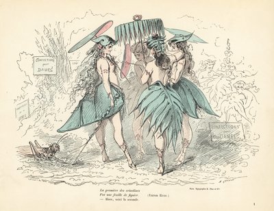 Mujeres vestidas solo con vestidos y sombreros de hojas de parra, sosteniendo hojas pa de Alfred Grevin