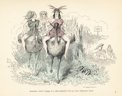 Mujeres con pieles de animales y plumas montando avestruces y cisnes. de Alfred Grevin