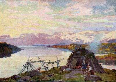 Una cabaña lapona en el lago Torne Trask, medianoche de Alfred Heaton Cooper