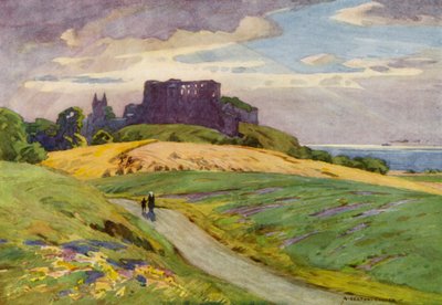 Dinamarca: Bornholm, castillo de Hammershus (litografia en color) de Alfred Heaton Cooper