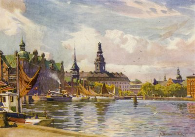 Dinamarca: Copenhague, castillo de Christiansborg (litografia en color) de Alfred Heaton Cooper