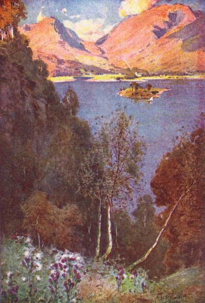 Distrito de los Lagos: A Glimpse of Grasmere, evening sun (litografía en color) de Alfred Heaton Cooper