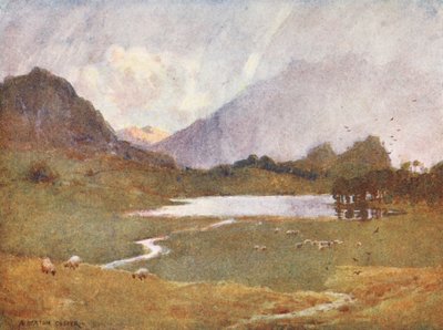 Distrito de los Lagos: A Sudden Shower, Blea Tarn (litografía en color) de Alfred Heaton Cooper