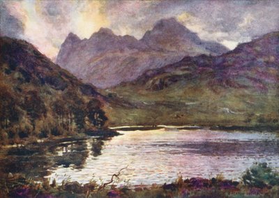 Distrito de los Lagos: Blea Tarn y Langdale Pikes (litografía en color) de Alfred Heaton Cooper