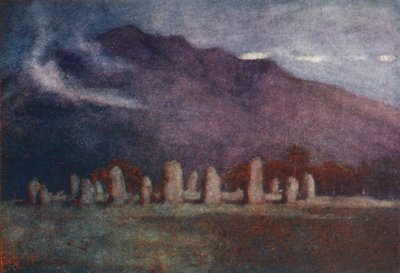 Distrito de los Lagos: Druid Circle, cerca de Keswick, luz de luna (litografía en color) de Alfred Heaton Cooper