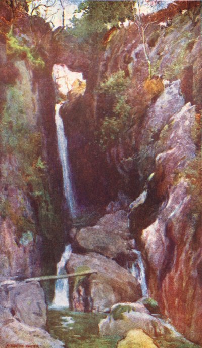 Distrito de los Lagos: Dungeon Ghyll Force, Langdale (litografía en color) de Alfred Heaton Cooper