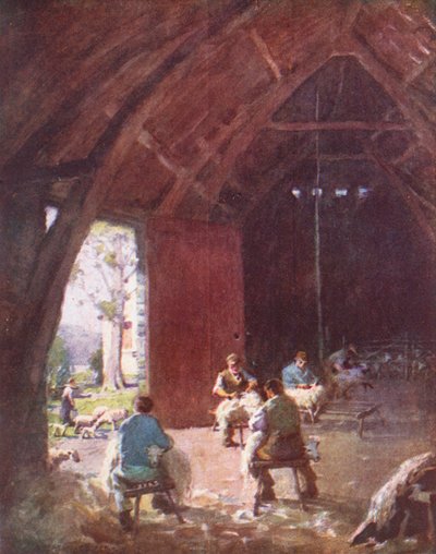 Distrito de los Lagos: Sheep-Shearing, Esthwaite Hall Farm (litografía en color) de Alfred Heaton Cooper