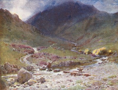 Distrito de los Lagos: Stepping-stones, Far Easedale, Grasmere (litografía en color) de Alfred Heaton Cooper
