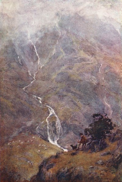 Distrito de los Lagos: The Shepherd, Yewdale, Coniston (litografía en color) de Alfred Heaton Cooper