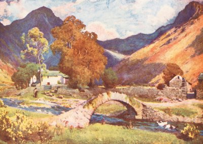 Distrito de los Lagos: Wastdalehead y Great Gable, hacia el atardecer en otoño (litografía en color) de Alfred Heaton Cooper