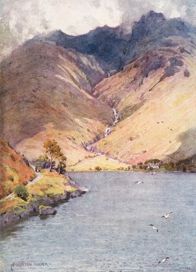 Distrito de los Lagos: Wastwater y Scawfell (litografía en color) de Alfred Heaton Cooper