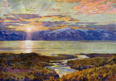 Sol de medianoche sobre el lago Torne Trask, desde Abisko de Alfred Heaton Cooper