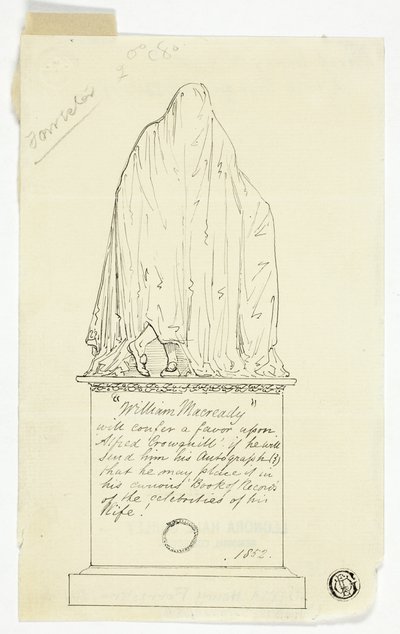 Tarjeta de visita con monumento drapeado, inscripción del artista de Alfred Henry Forrester