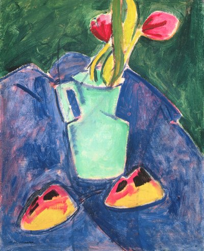 Flores en un jarrón verde sobre tela púrpura de Alfred Henry Maurer