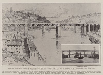 El nuevo puente de alto nivel en Newcastle-on-Tyne (el más grande desde el puente Forth), como aparecerá cuando esté terminado de Alfred Hugh Fisher