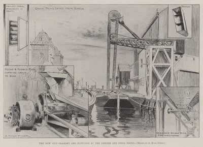El nuevo silo granero y elevador en los muelles de Londres e India de Alfred Hugh Fisher