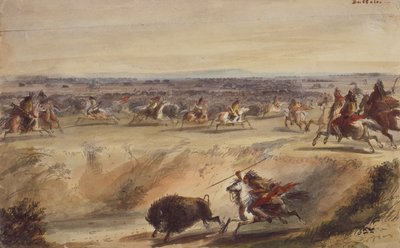 A Surround or Hunting the Buffalo, c.1839 (lápiz, pluma y tinta, acuarela y gouache sobre papel) de Alfred Jacob Miller
