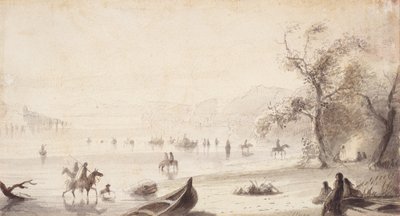 Bull Boating Across the Platte, c.1837 (dibujo en papel) de Alfred Jacob Miller