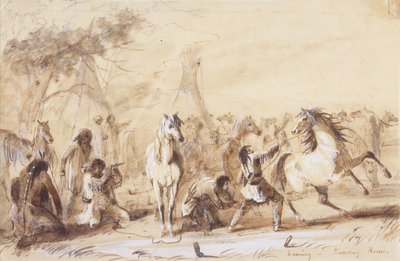 Evening, Picketing Horses, c.1837 (lápiz, aguada y gouache sobre papel) de Alfred Jacob Miller