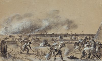 Fuego en la pradera, prender fuego al campamento, c.1837 (lavar con reflejos en papel) de Alfred Jacob Miller