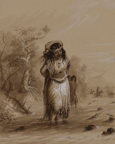 Niña indígena con un bebé a la espalda cruzando un arroyo de Alfred Jacob Miller