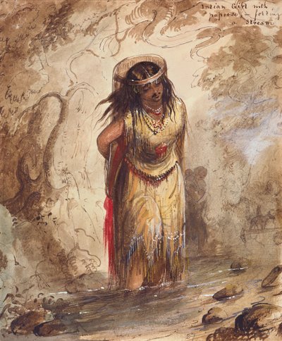Niña india con Papoose vadeando un arroyo, c.1837 (lápiz, acuarela y gouache sobre papel) de Alfred Jacob Miller