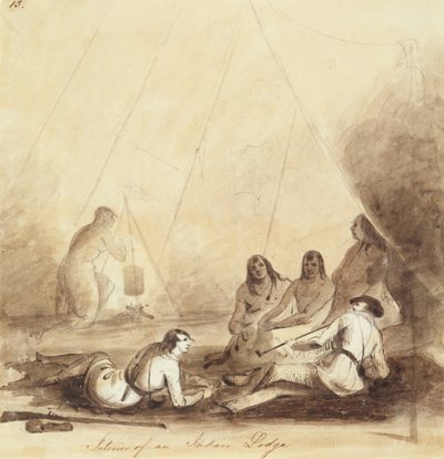 Interior de una Logia India, c.1837 (lápiz, pluma y tinta y aguada sobre papel) de Alfred Jacob Miller