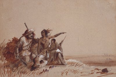 Kansas Indian Recounting to a Trapper, by Signs, the Migration of Buffalo, c.1837 (lápiz y lavados marrones y negros sobre papel) de Alfred Jacob Miller