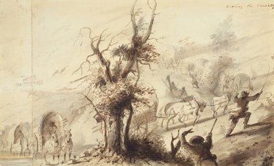Landing the Charettes, c.1837 (lavado marrón sobre papel) de Alfred Jacob Miller