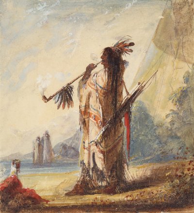Ocio Cum Dignitatis fumando el Calumet, c.1837 (lápiz, acuarela y gouache sobre papel) de Alfred Jacob Miller