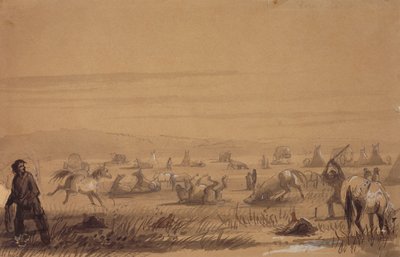 Reaching Camp, Removal the Saddles, c.1837 (lápiz, pluma y tinta, aguada y gouache sobre papel) de Alfred Jacob Miller