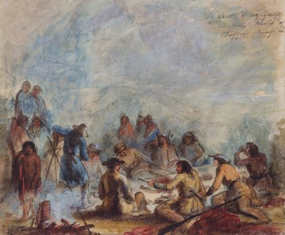 Amanecer, tramperos y viajeros en su comida de costilla de joroba de búfalo, c.1837 de Alfred Jacob Miller
