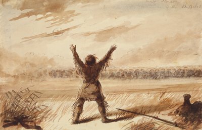 Trampero perturbado en reposo por una manada de búfalos, c.1837 (lápiz, pluma y tinta, y aguada sobre papel) de Alfred Jacob Miller