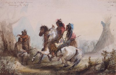 Tramperos e indios serpiente conversando por señas, c.1837 de Alfred Jacob Miller