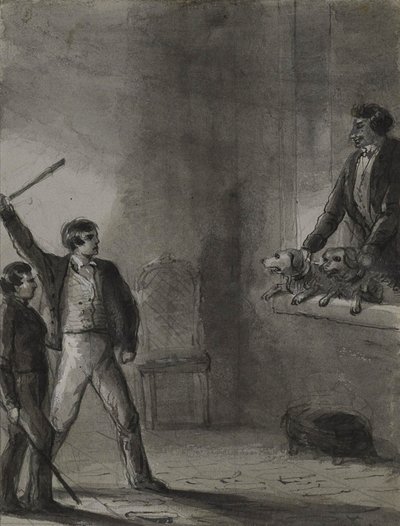Dos niños con palos levantados mientras un hombre y unos perros miran desde una ventana de Alfred Jacob Miller