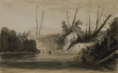 Vista de una cascada y un pequeño lago de Alfred Jacob Miller