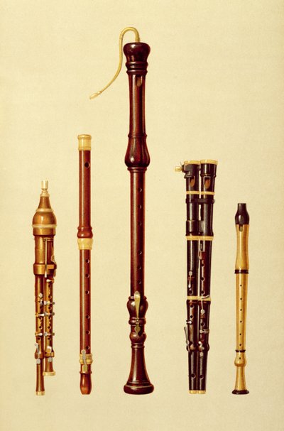 Un flageolet doble, una flauta alemana, una flauta baja, un flageolet doble y una flauta, de 