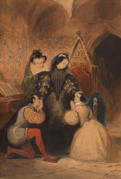 Mary Stuart bendiciendo a Roland Groeme y Catherine Seyton. Después de El Abad de Walter Scott, 1830 de Alfred Johannot