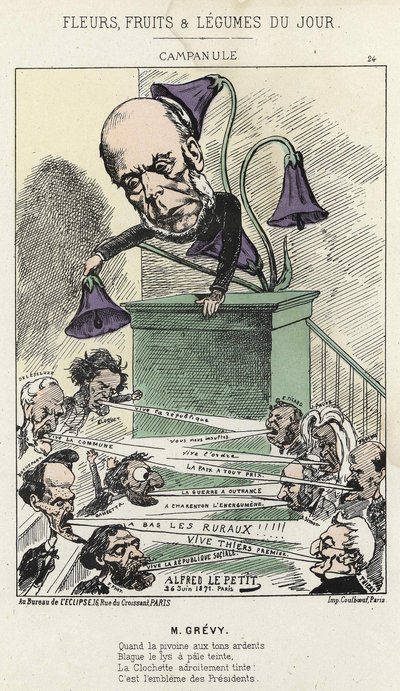 Campanilla: caricatura sobre Grévy - ilustración del 26/06/1871 por Alfred Le Petit, en “Flores, Frutas y Verduras del Día” de Alfred Le Petit
