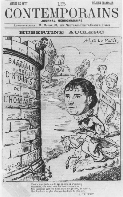 Caricatura de Hubertine Auclerc, de la revista Les Contemporains de Alfred Le Petit