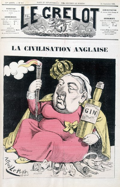 Civilización inglesa: Victoria, una botella de ginebra en mano, sentada sobre Egipto, Irlanda, India, África y China - por Alfred Le Petitty, en 