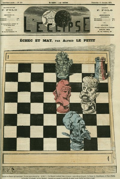 Fallo y mate, la Dama-República, la Torre-París, el Caballero-Duque de Aumale (1822-1897), el Alfil-Rouher (1814-1884) han fallado al Rey Luis Felipe de Orleans (1838-1894). Portada en “L