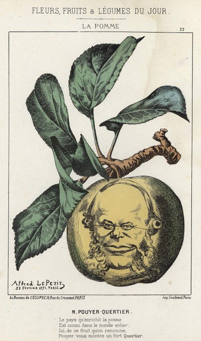 La Pomme: caricatura sobre Pouyer Quertier (Pouyer-Quertier) - ill. del 28/02/1871 en "Flores, Frutas y Verduras del Día" de Alfred Le Petit