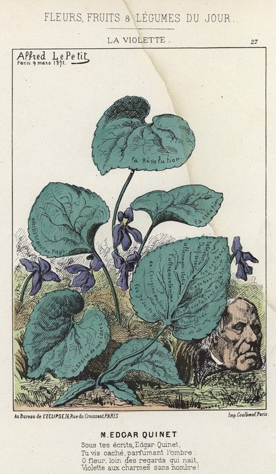 La Violeta: caricatura sobre Edgar Quinet - ilustración del 09/03/1871 en “Flores, Frutas y Verduras del Día” de Alfred Le Petit